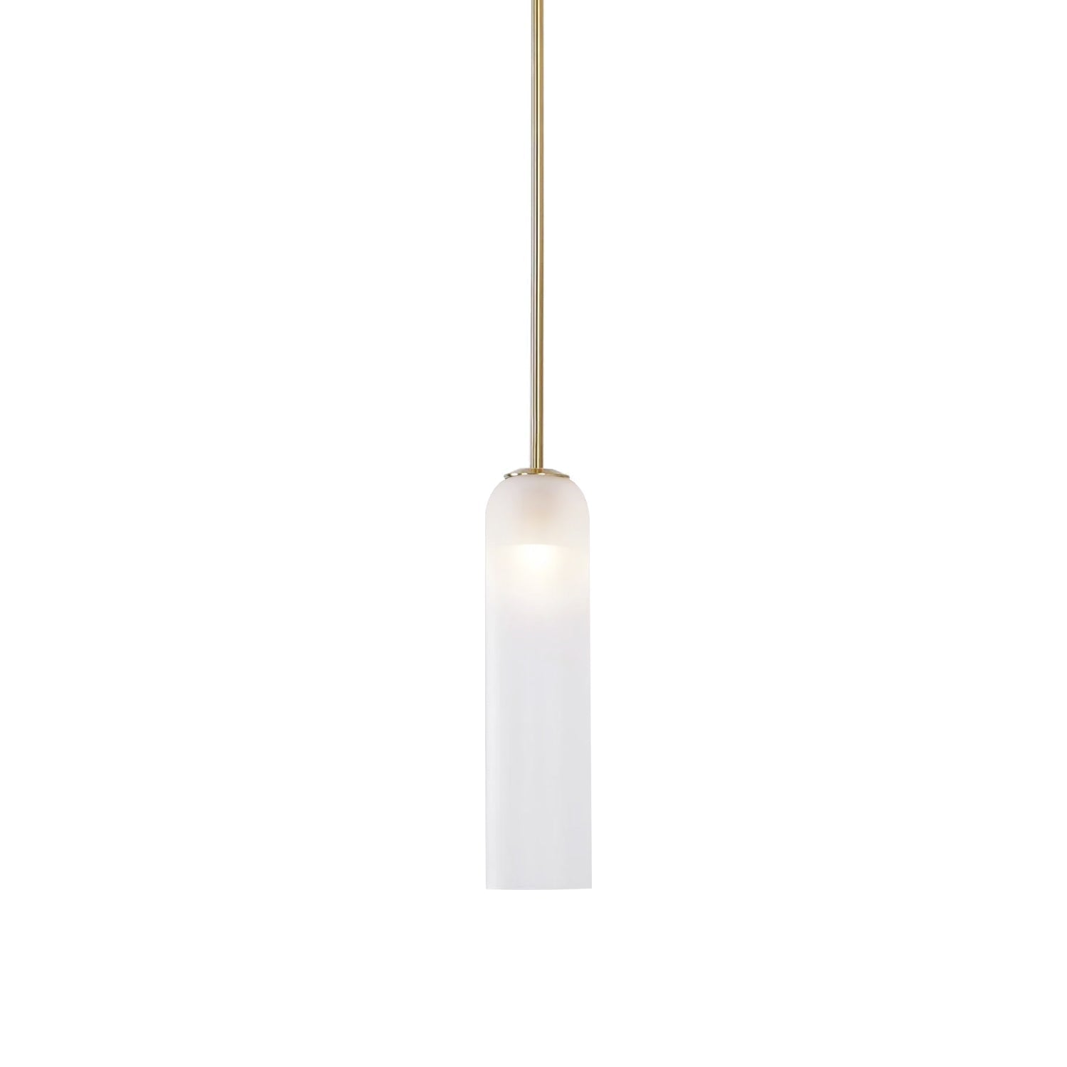 Frosted white glass on the Clérachic tube pendant, lit on a brass rod against a plain white studio background.