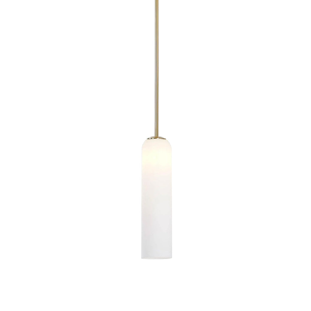 Matte white glass version of the Clérachic tube pendant, unlit, on a brass rod, showing its smooth opaque finish.