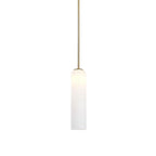 Matte white glass version of the Clérachic tube pendant, unlit, on a brass rod, showing its smooth opaque finish.