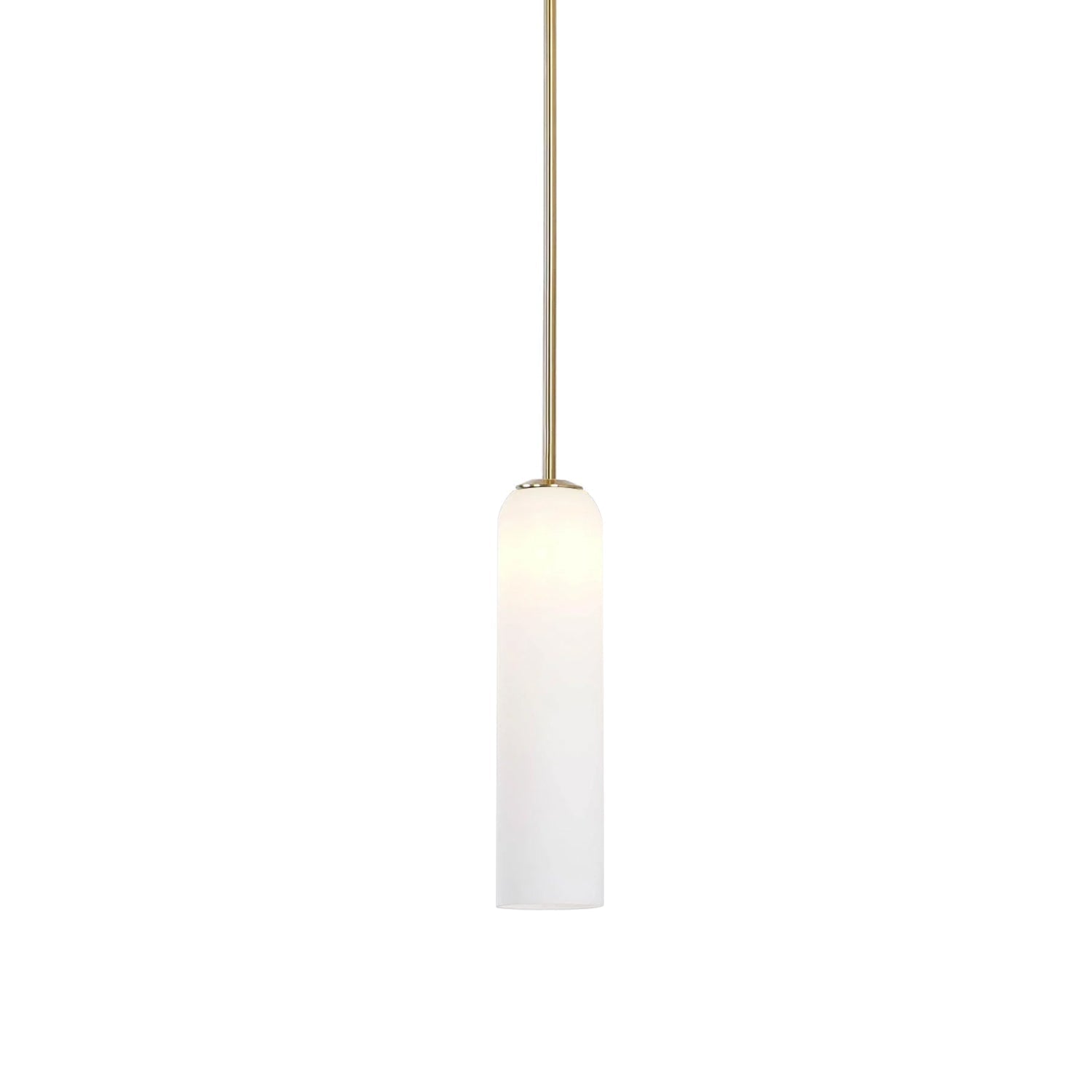 Matte white glass version of the Clérachic tube pendant, unlit, on a brass rod, showing its smooth opaque finish.