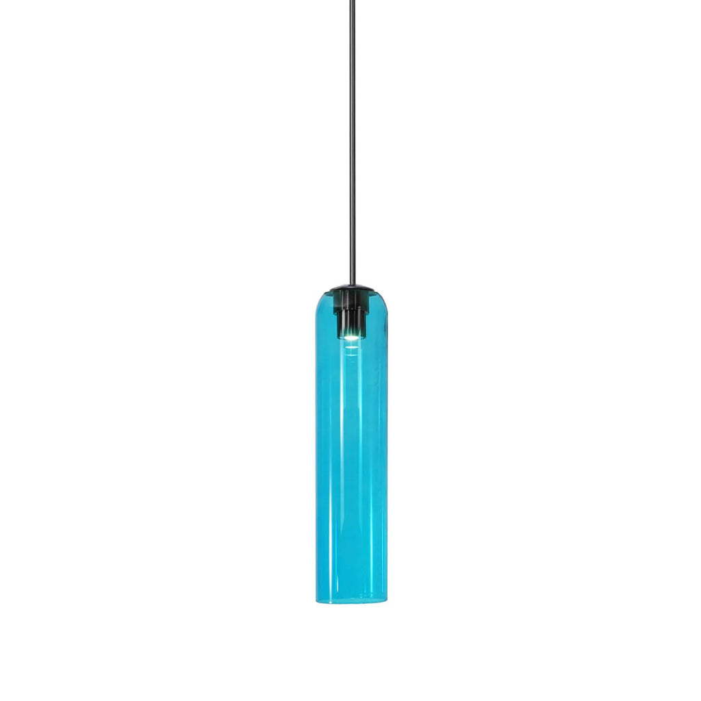 The sky blue Clérachic glass tube pendant lit on a black rod, its cool tint clearest along the lower half.