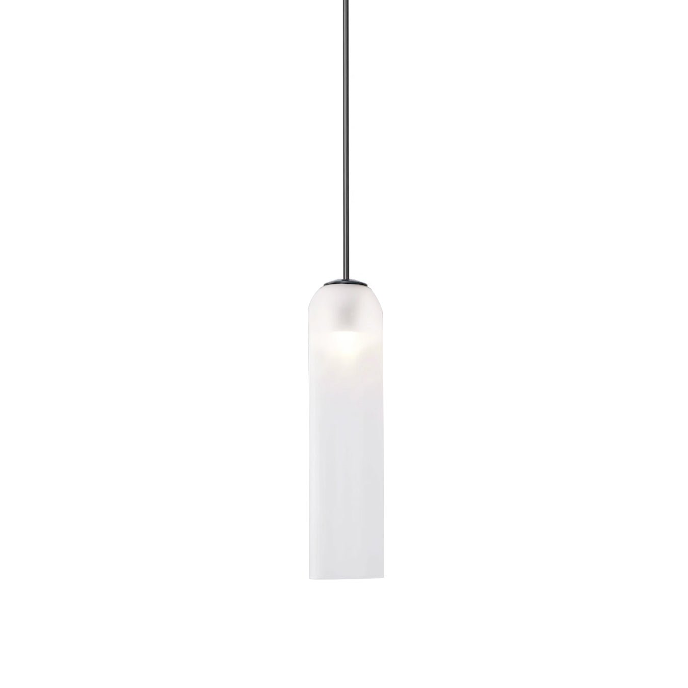 Frosted white glass on the Clérachic tube pendant, lit on a black rod against a plain white studio background.