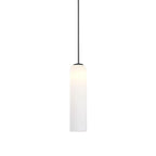 Matte white glass version of the Clérachic tube pendant, unlit, on a black rod, showing its tall rounded silhouette.
