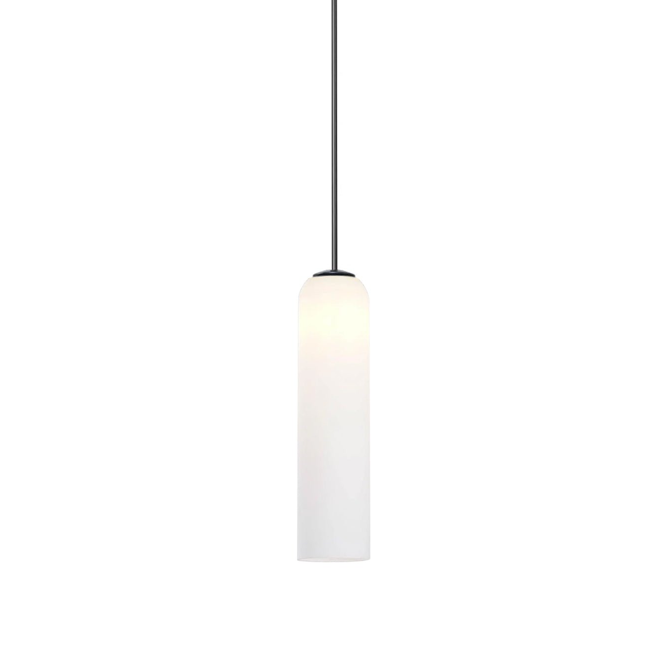 Matte white glass version of the Clérachic tube pendant, unlit, on a black rod, showing its tall rounded silhouette.