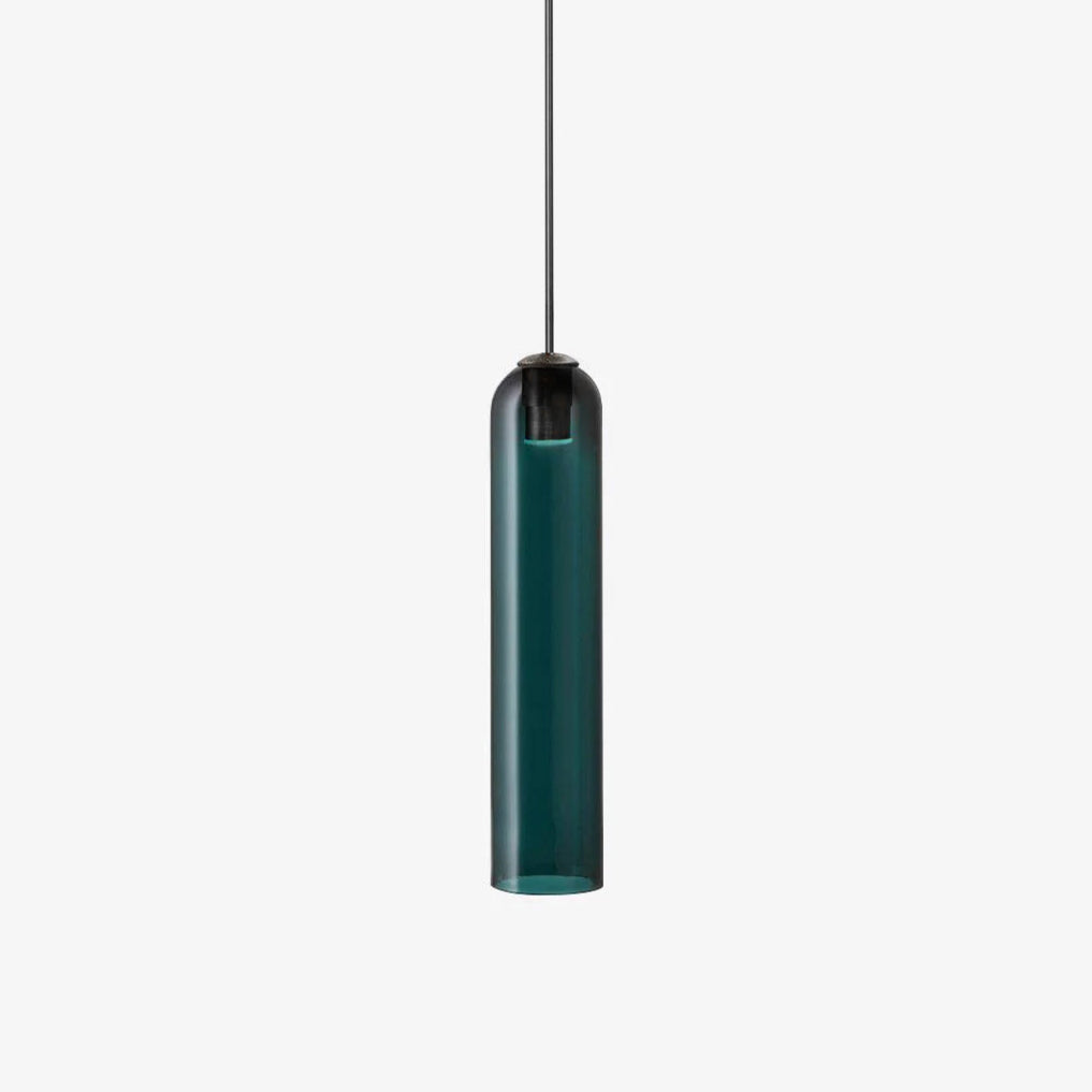 Green glass tube shade of the Clérachic pendant, unlit, shown isolated on a soft grey studio backdrop.
