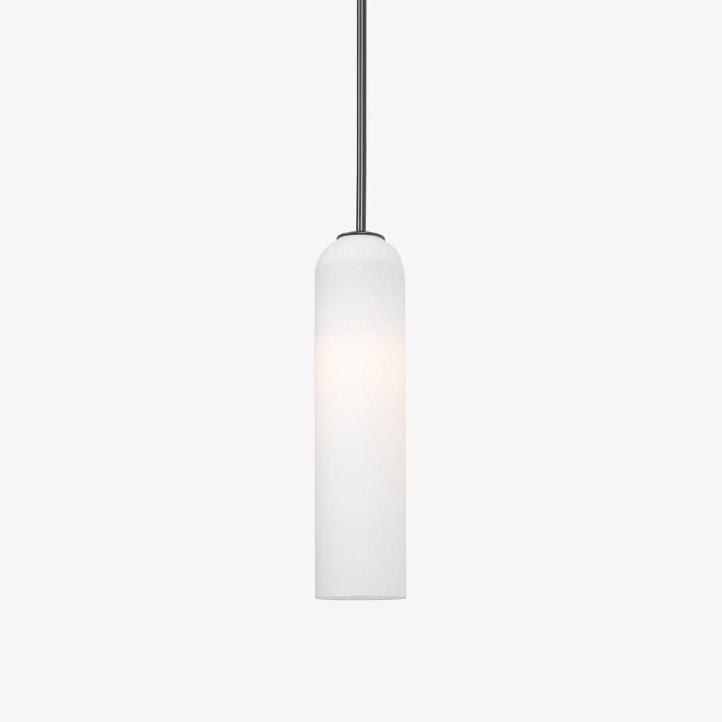 The frosted white Clérachic tube pendant on a black rod, shown isolated against a plain grey studio background.