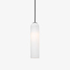 The frosted white Clérachic tube pendant on a black rod, shown isolated against a plain grey studio background.