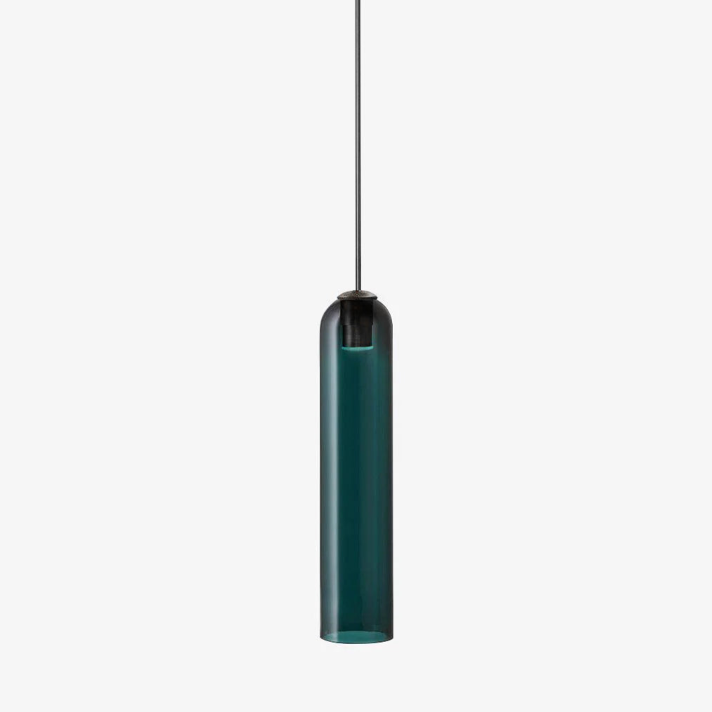 Green glass tube shade of the Clérachic pendant, unlit, on a black rod, isolated against a plain grey background.