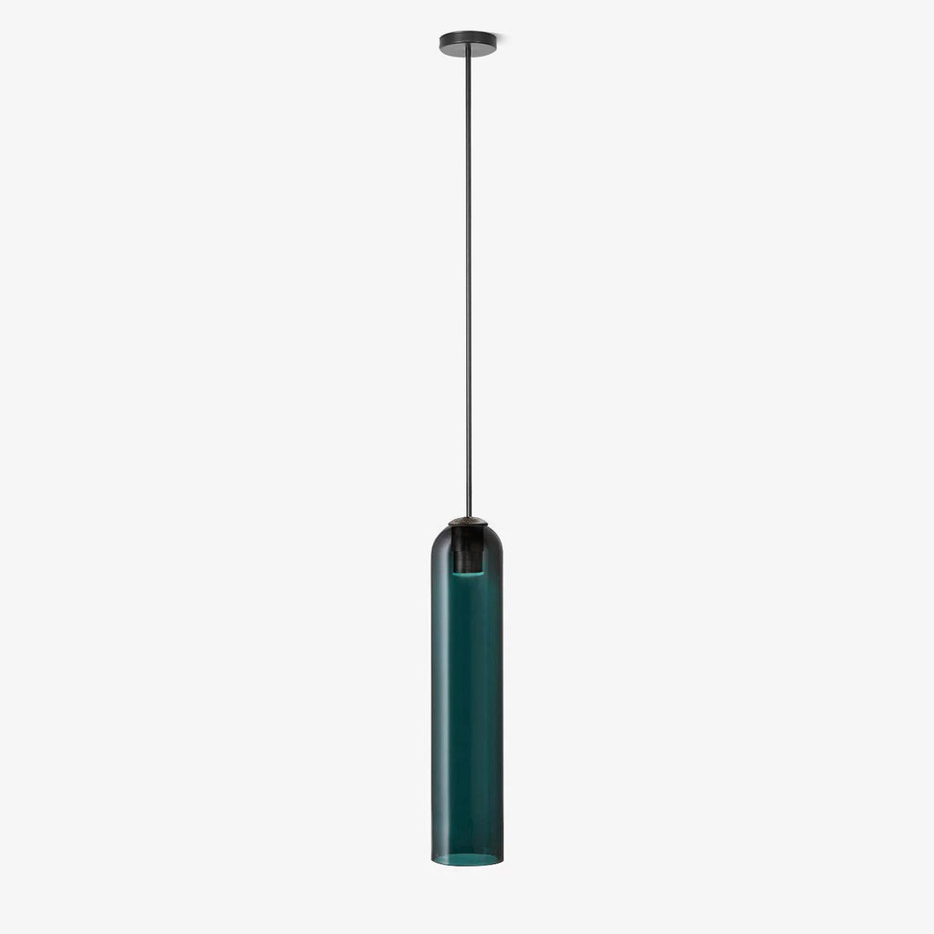 The same green Clérachic glass tube pendant, unlit, on a black rod, isolated against a plain white background.