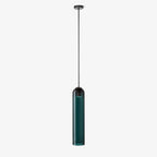 The same green Clérachic glass tube pendant, unlit, on a black rod, isolated against a plain white background.