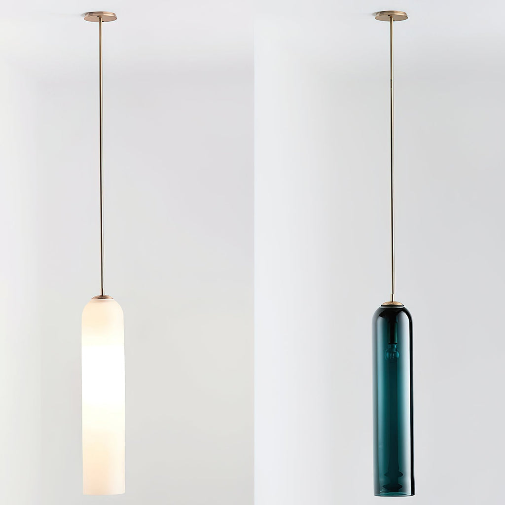 Frosted white and green glass versions of the Clérachic tube pendant shown side by side on matching brass rods.