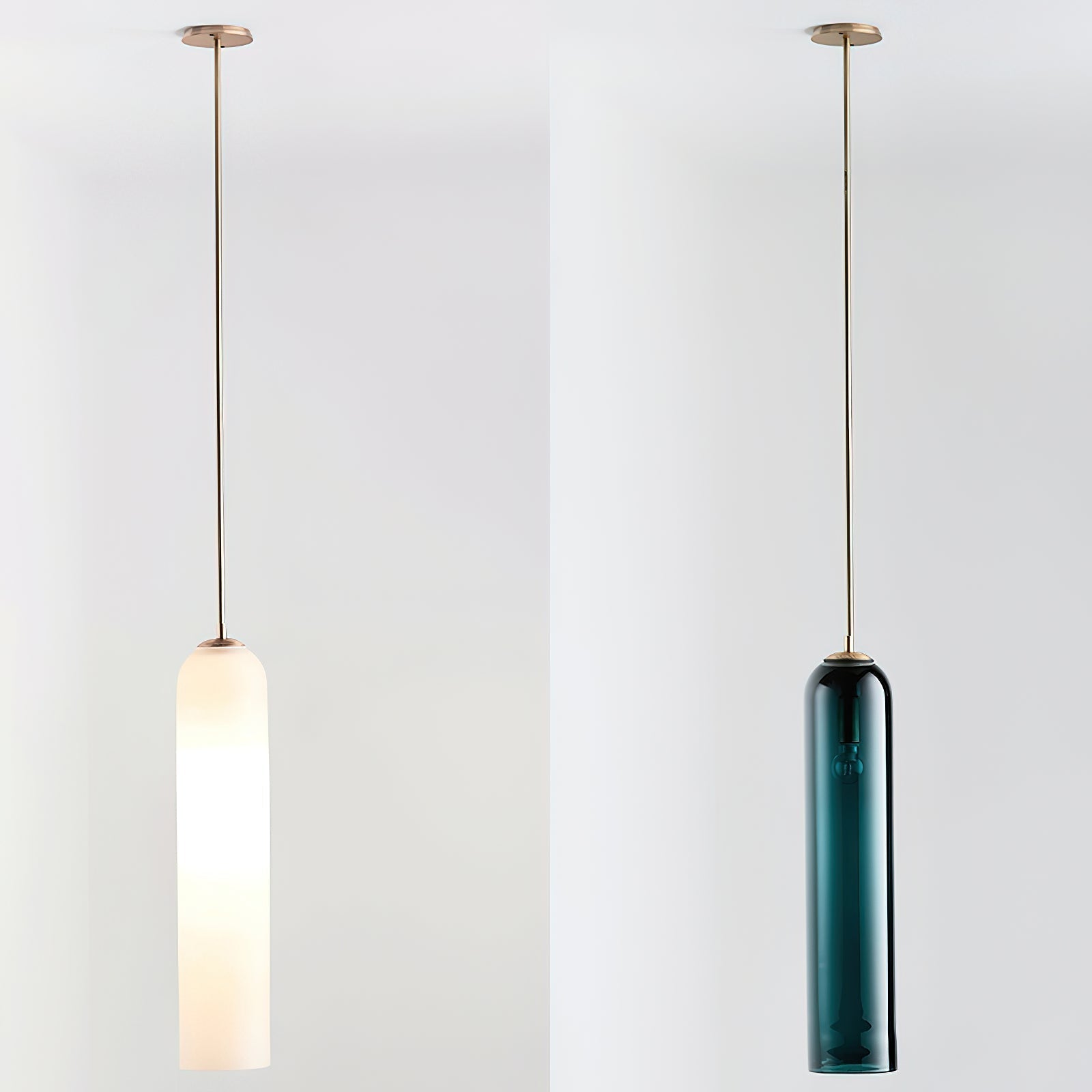 Frosted white and green glass versions of the Clérachic tube pendant shown side by side on matching brass rods.