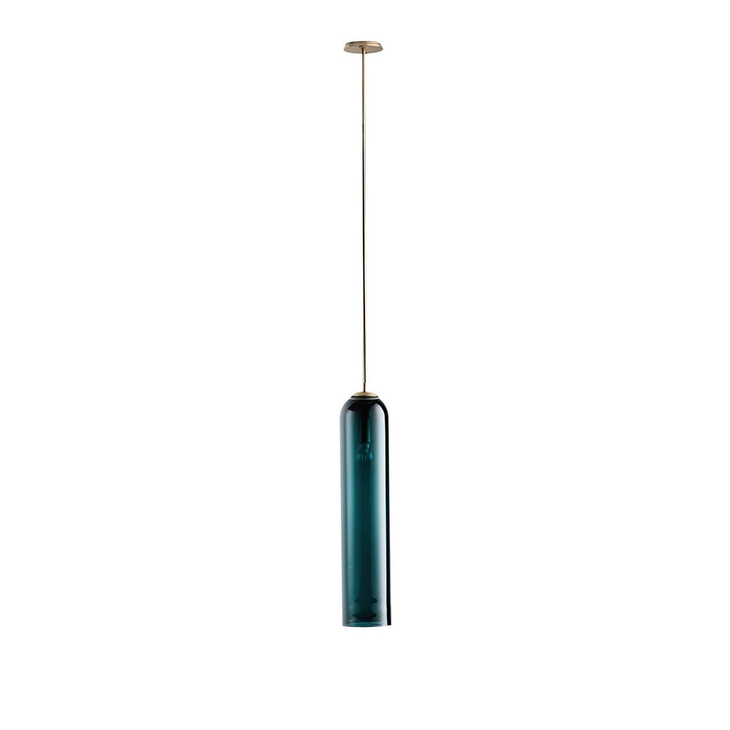 Green glass tube shade of the Clérachic pendant, unlit, on a brass rod, isolated against a plain white background.