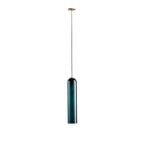 Green glass tube shade of the Clérachic pendant, unlit, on a brass rod, isolated against a plain white background.