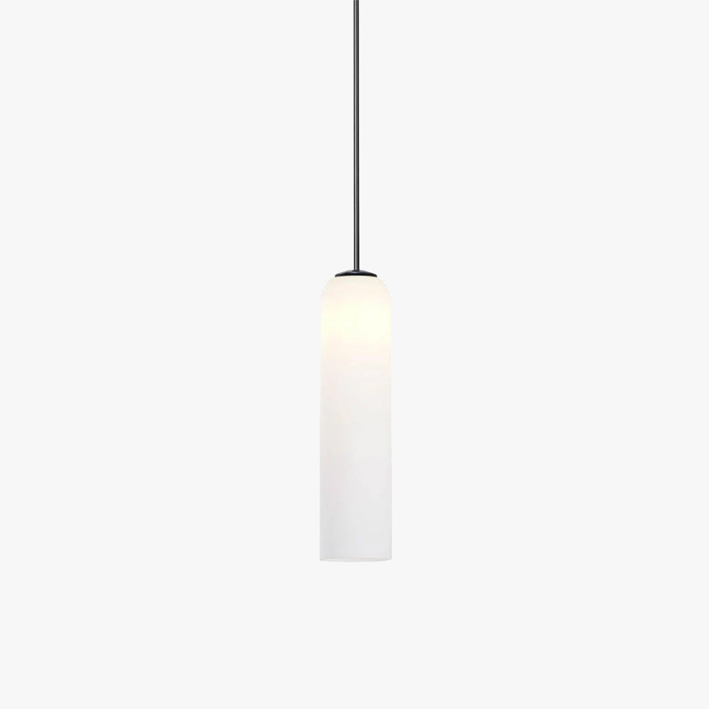 The frosted white Clérachic tube pendant on a black rod, lit, shown alone against a plain white background.