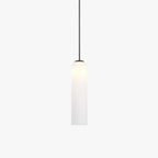 The frosted white Clérachic tube pendant on a black rod, lit, shown alone against a plain white background.