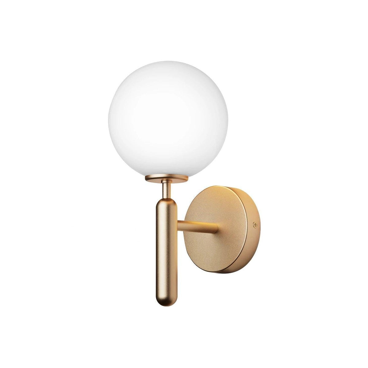 This brass Clérachic wall light shows its round white glass globe and slender arm against a plain white background.