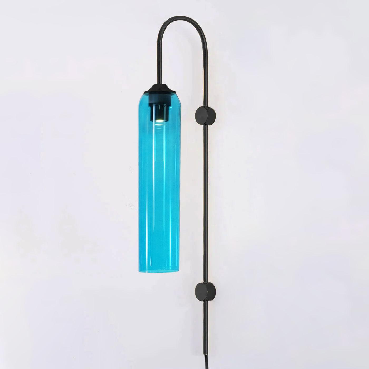 Sky blue glass on the black Clérachic mouth-blown wall sconce, seen full length from the gooseneck down to the lower mount.