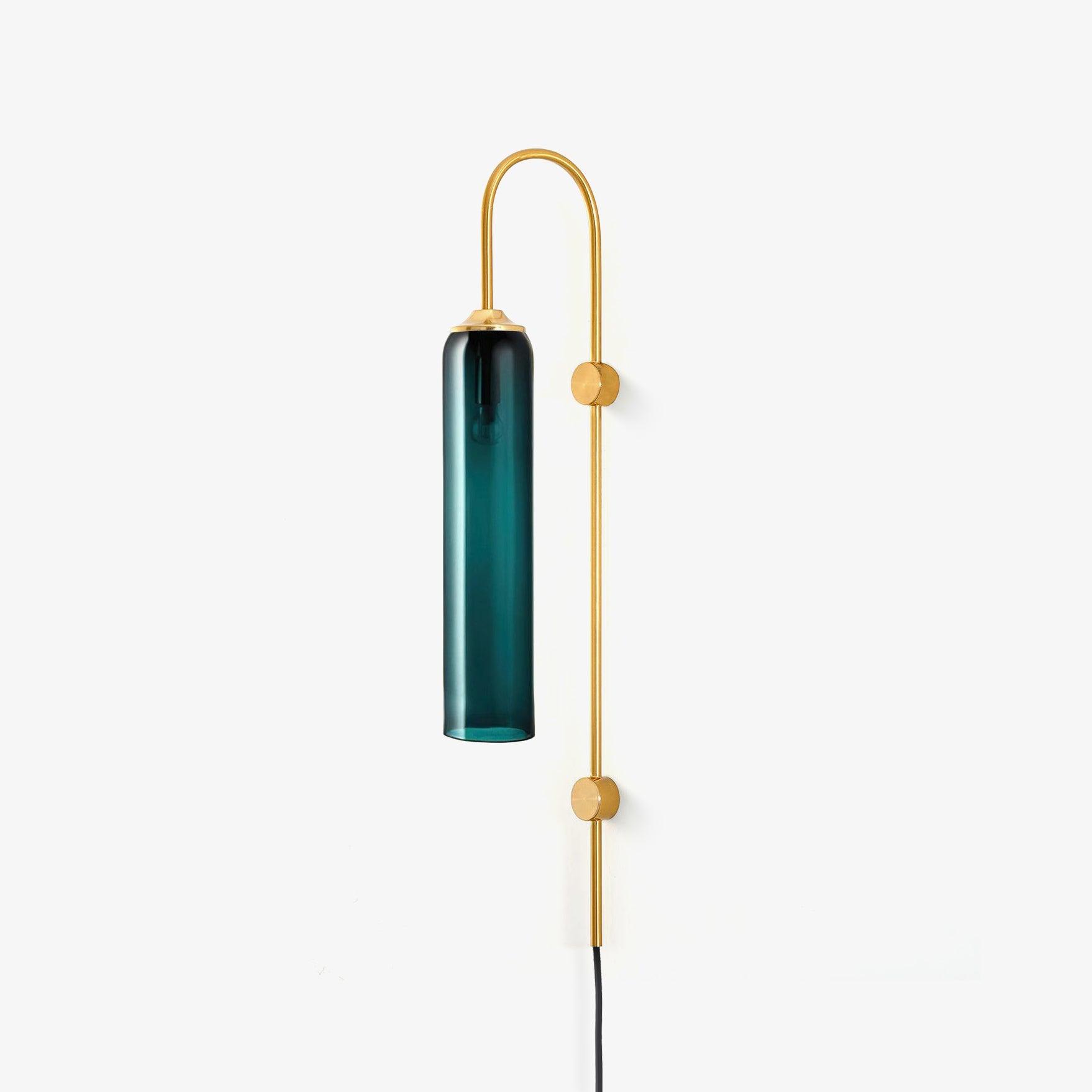 Clérachic mouth-blown glass wall sconce in deep teal on polished gold, unlit, shown against a soft off-white ground.