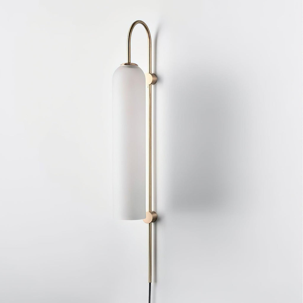 Clérachic mouth-blown glass wall sconce in frosted white, seen at an angle so the rod and both disc mounts line up.