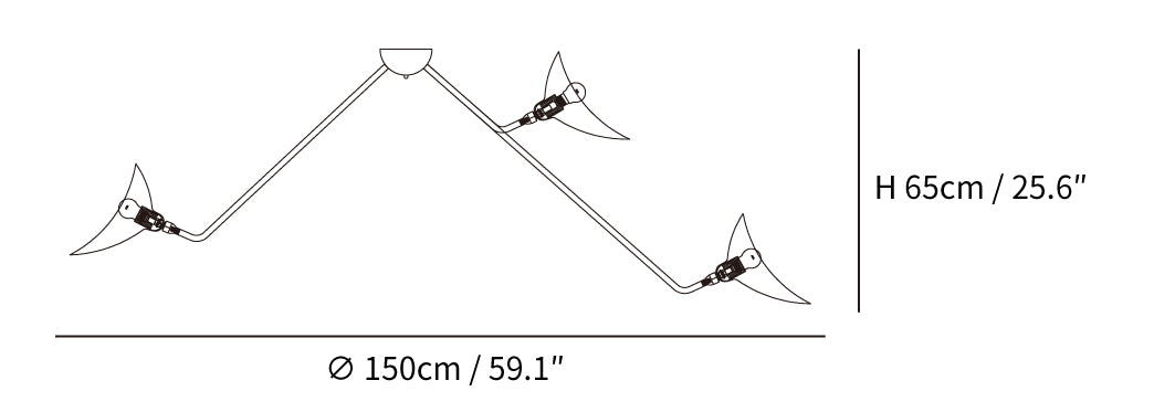 Dimension drawing of the multi arm spider ceiling lamp b, in outline against white.
