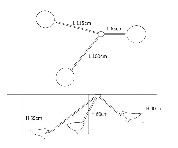 Dimension drawing of the multi arm spider ceiling lamp b, in outline against white.