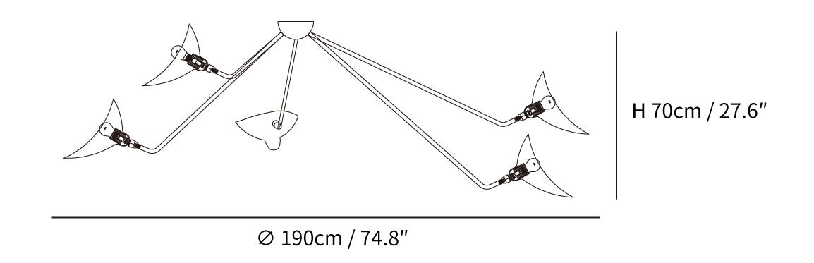 Dimension drawing of the multi arm spider ceiling lamp b, in outline against white.
