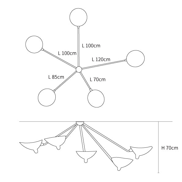 Dimension drawing of the multi arm spider ceiling lamp b, in outline against white.