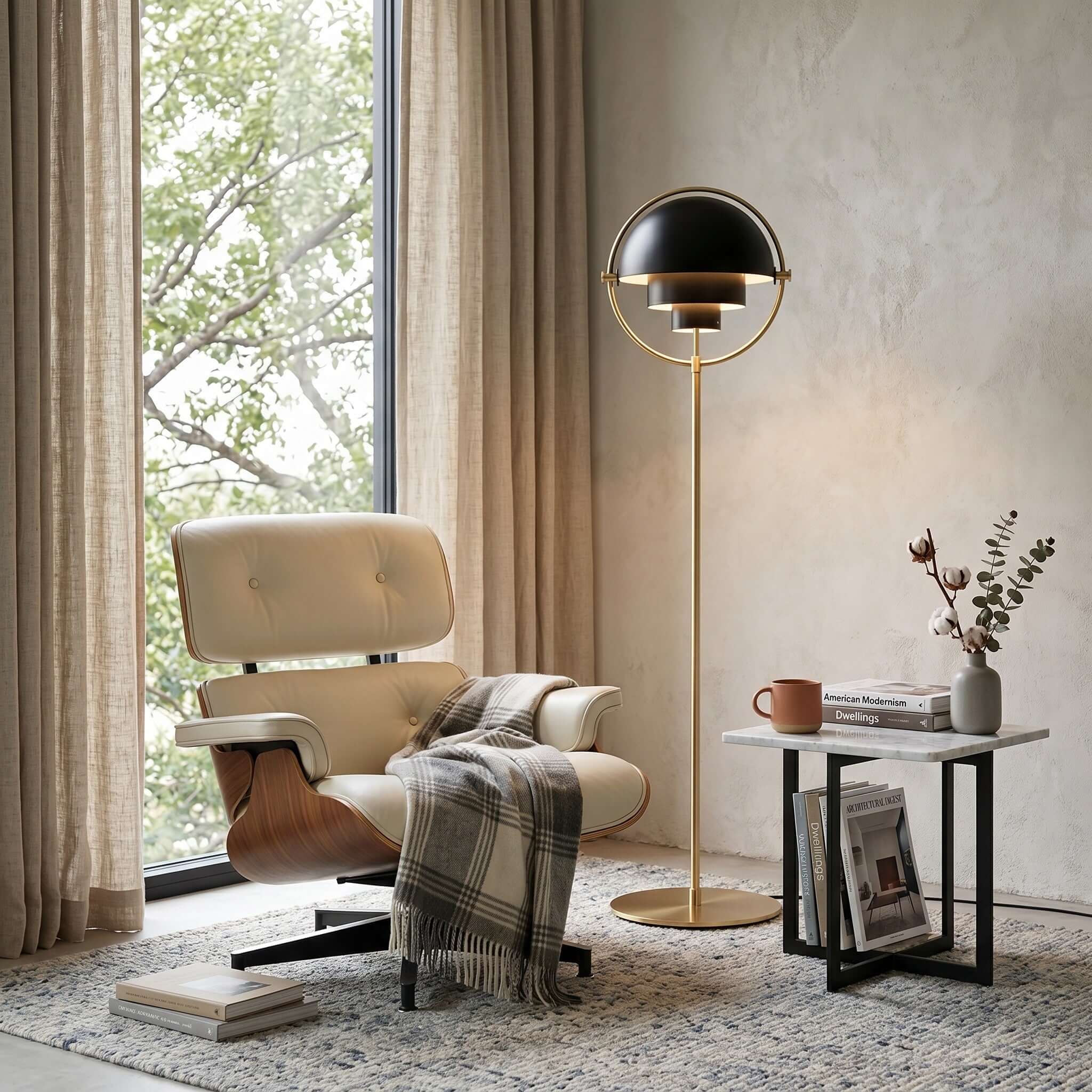 Beside a lounge chair and a plaid throw at the window, this Clérachic floor lamp in Black & Brass is lit for the evening.