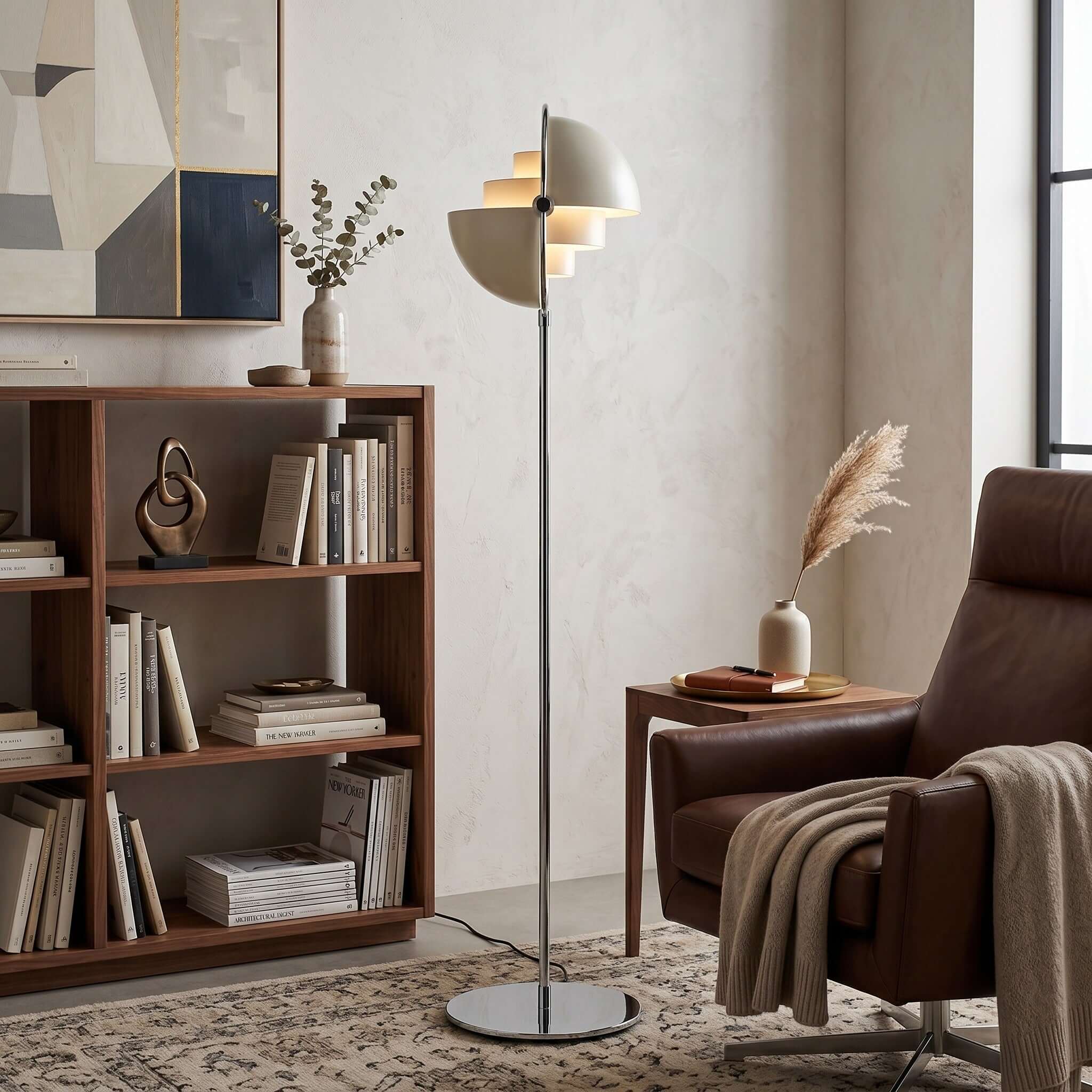 A Clérachic floor lamp in White & Chrome stands in a room of bookshelves and framed artwork, gloss shades inside a chrome ring.