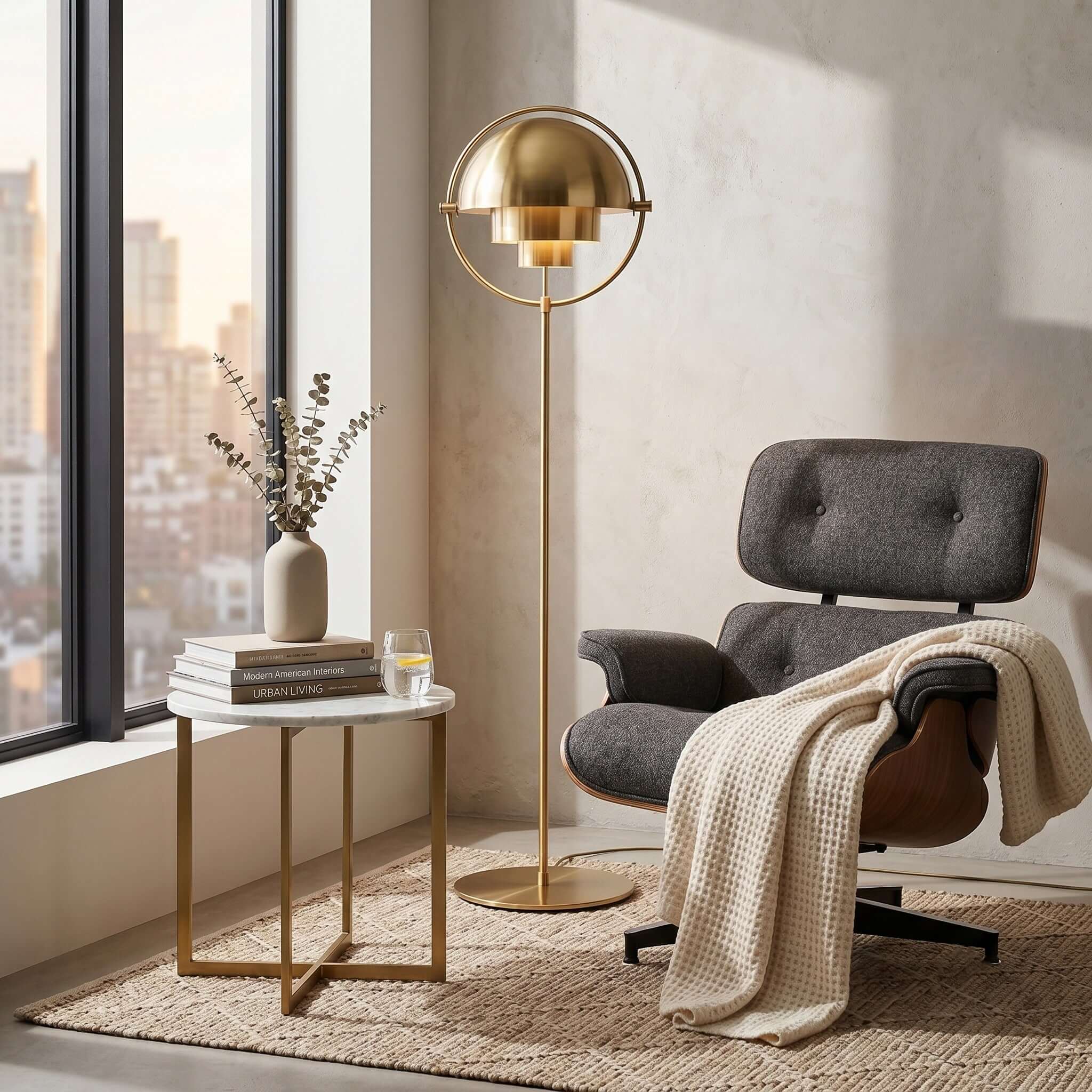 Warm light falls from the lit Clérachic floor lamp in Brass onto a lounge chair drawn up to a city window.