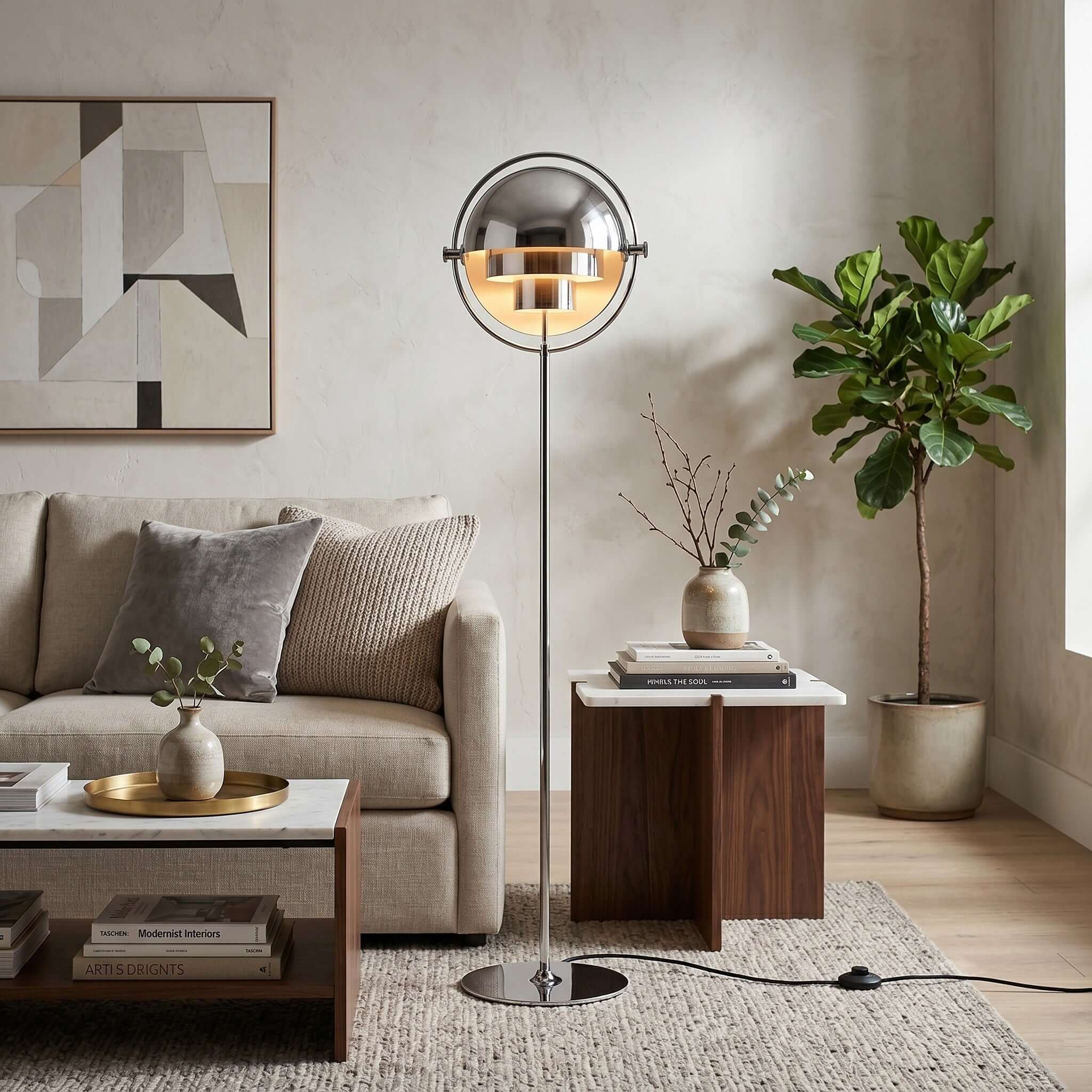 Set beside a sofa with a potted fig and framed art, this Clérachic floor lamp in Chrome needs no side table of its own.