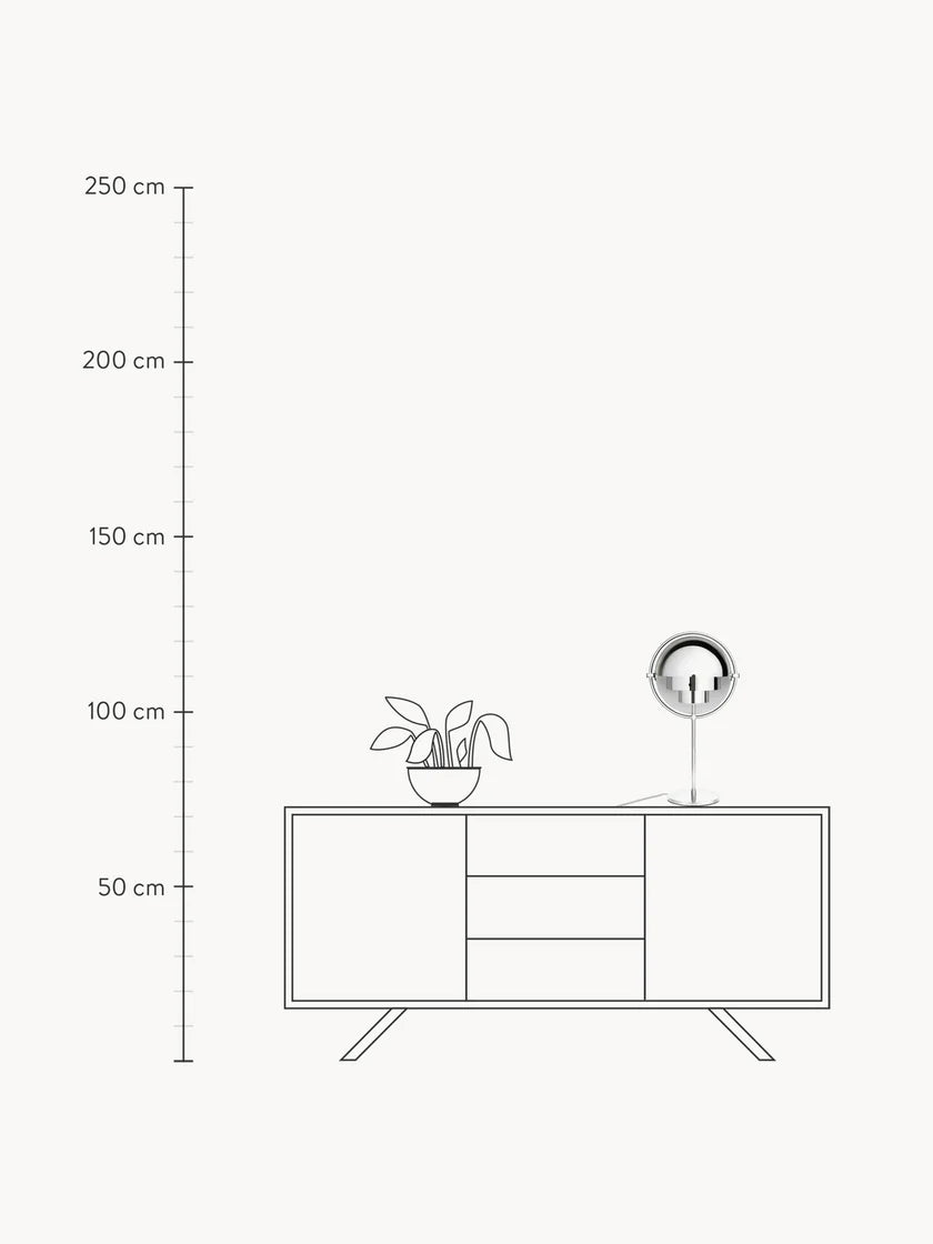 At 50 cm (19.7 in) tall, the Clérachic table lamp in Chrome is drawn to scale on a sideboard against a 250 cm (98.4 in) height rule.