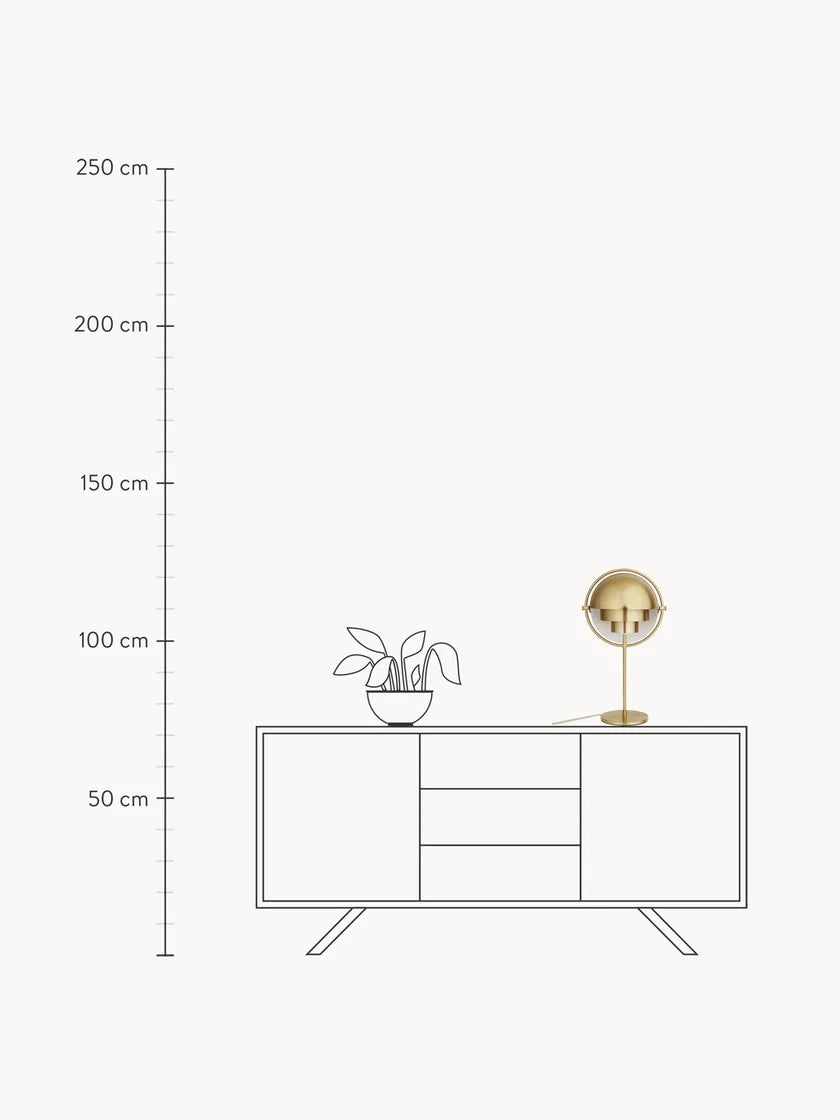 Room-context drawing of the Brass Clérachic table lamp on a sideboard, its 50 cm (19.7 in) height measured against a 250 cm (98.4 in) rule.