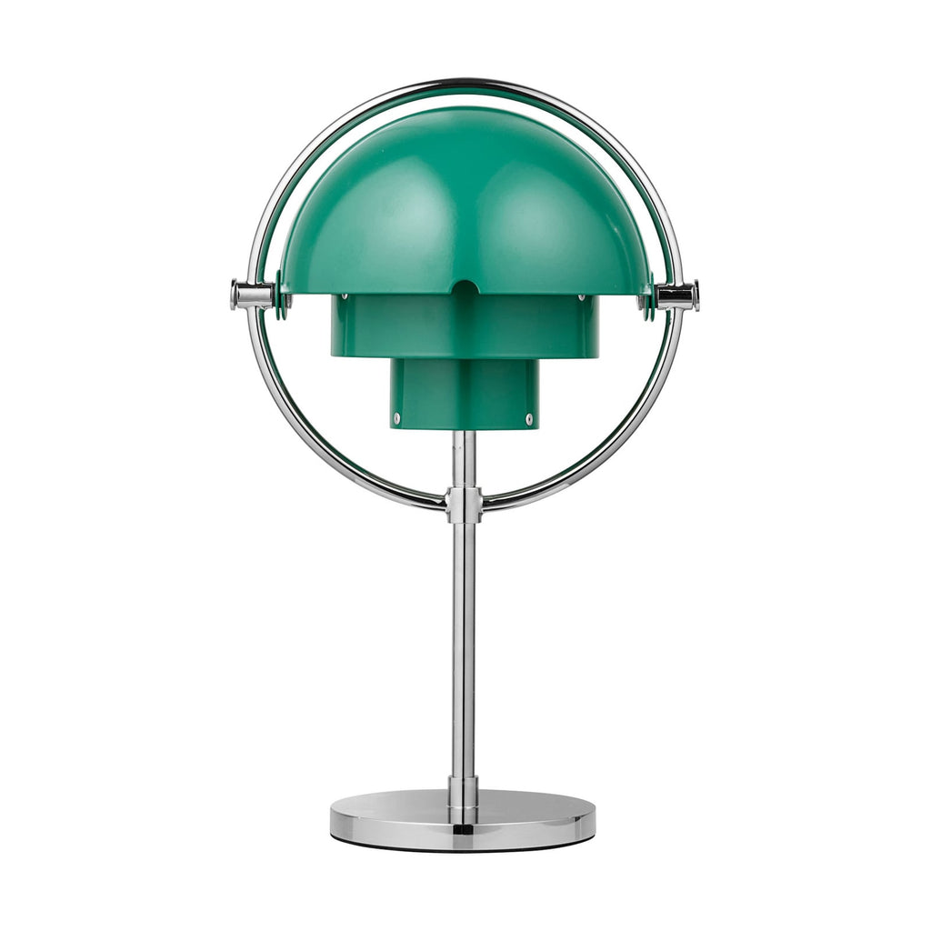 Clérachic table lamp on white, shades closed into a sphere within the polished chrome ring.