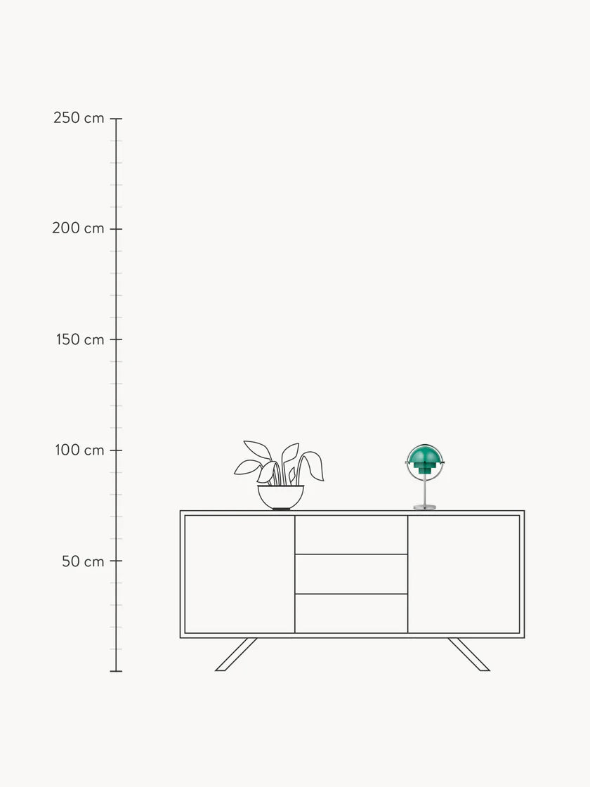 Scale drawing of the Clérachic rechargeable table lamp at 30 cm tall, shown on a sideboard beside a 250 cm height rule.