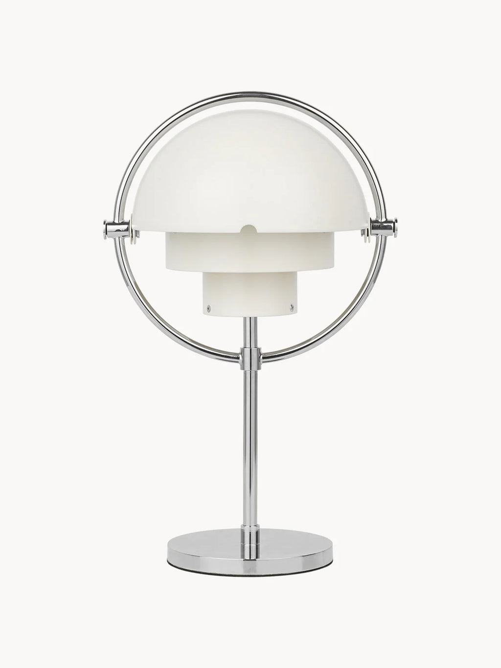 Clérachic rechargeable table lamp in gloss white with a polished chrome ring, shades closed into a smooth dome.