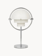 Clérachic rechargeable table lamp in gloss white with a polished chrome ring, shades closed into a smooth dome.