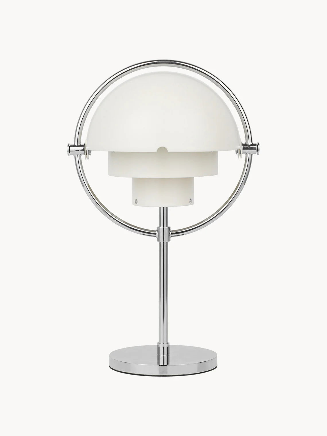 Clérachic rechargeable table lamp in gloss white with a polished chrome ring, shades closed into a smooth dome.