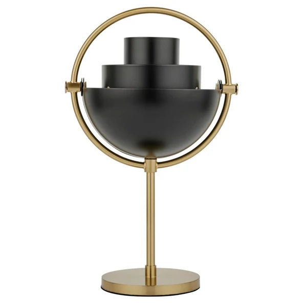 Clérachic table lamp in matt black with a brushed brass ring, the upper shade rotated back to open up the light.