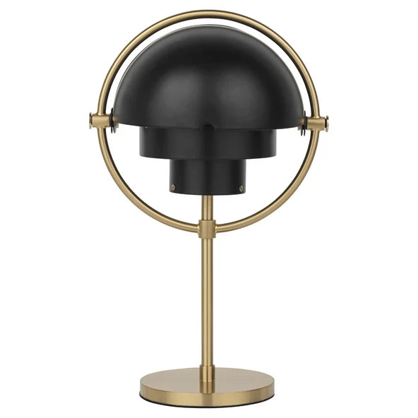 Clérachic rechargeable table lamp in matt black on a brushed brass ring, stem and round base, shades closed.