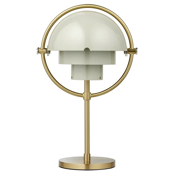 Clérachic rechargeable table lamp in soft sand with a brushed brass ring and base, shades closed into a dome.