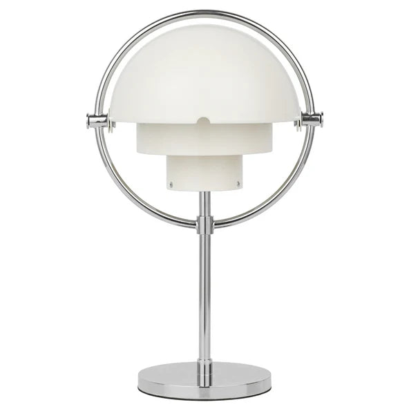 Clérachic rechargeable table lamp in gloss white with a polished chrome ring, stem and round base.