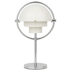 Clérachic rechargeable table lamp in gloss white with a polished chrome ring, stem and round base.