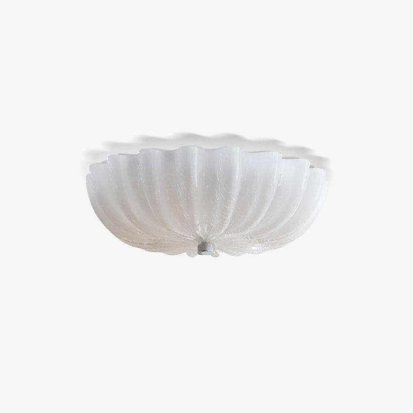 Clérachic Murano-Style Scalloped Glass Flush Ceiling Light in white craquelé glass, lit and sitting flush against a plain ceiling.