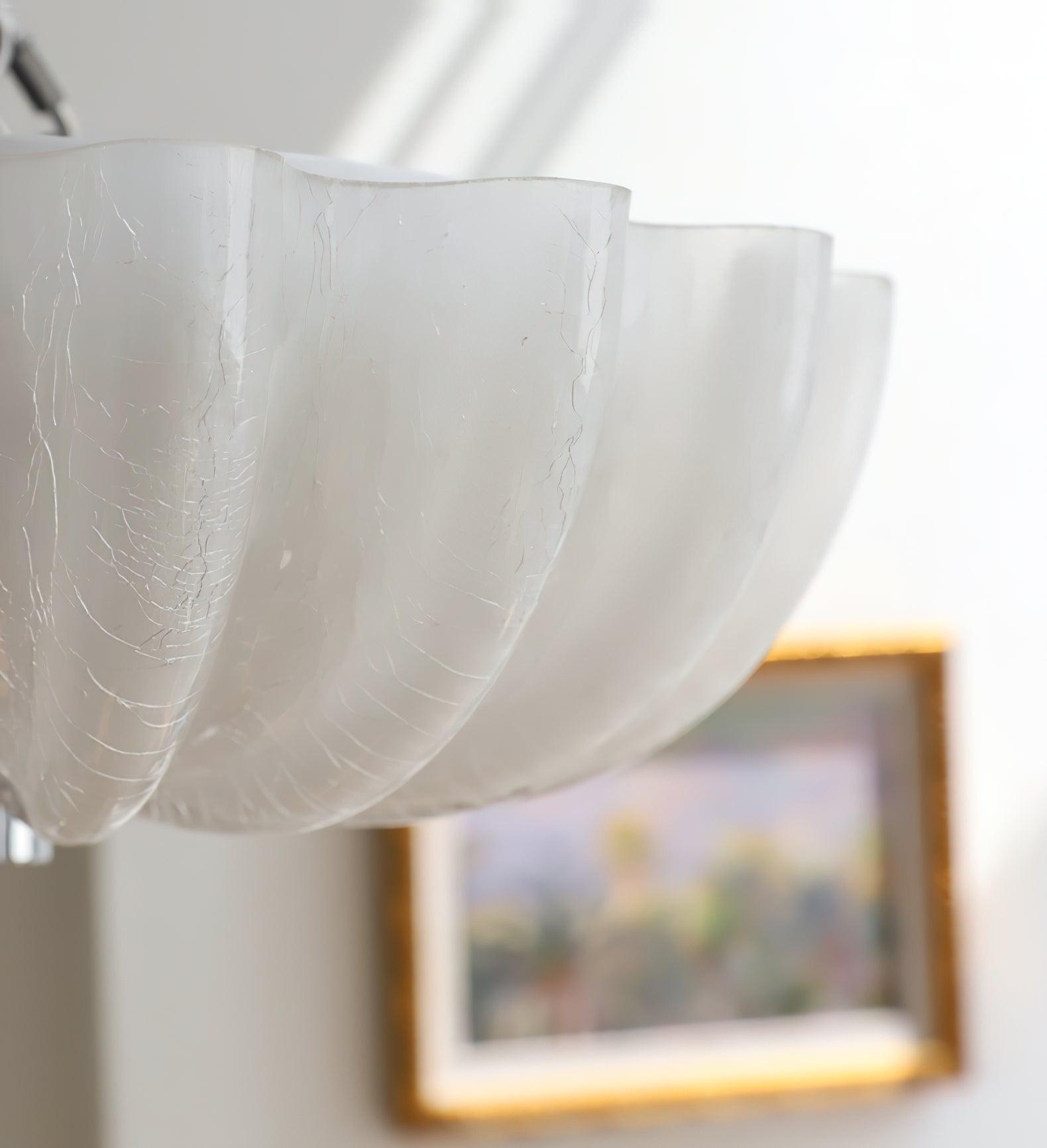 Close-up of the Clérachic Murano-Style Scalloped Glass Flush Ceiling Light, fine craquelé threading visible through each blown glass petal.