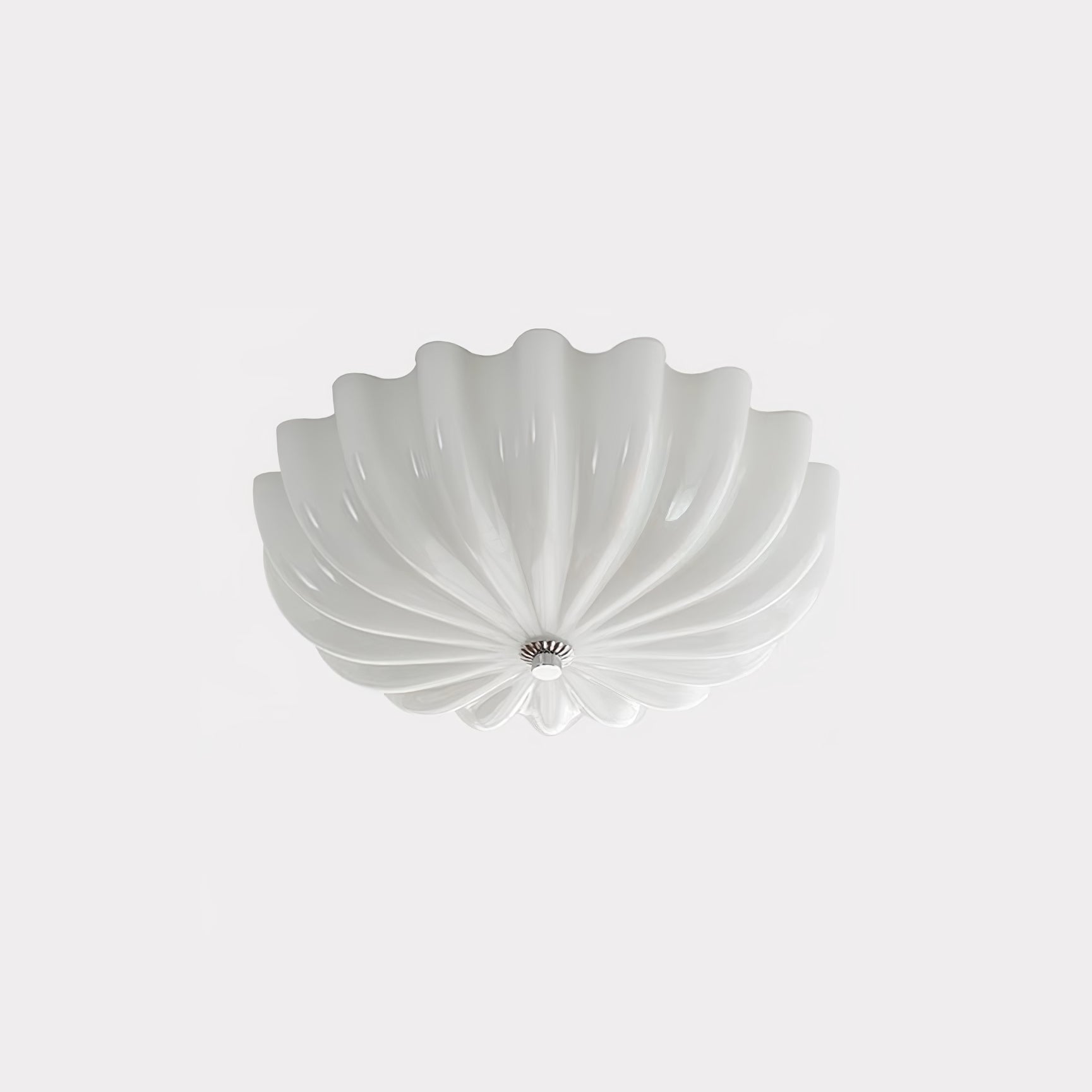 Studio shot of the Clérachic Murano-Style Scalloped Glass Flush Ceiling Light in glossy white, the scalloped rim rippling all the way round.