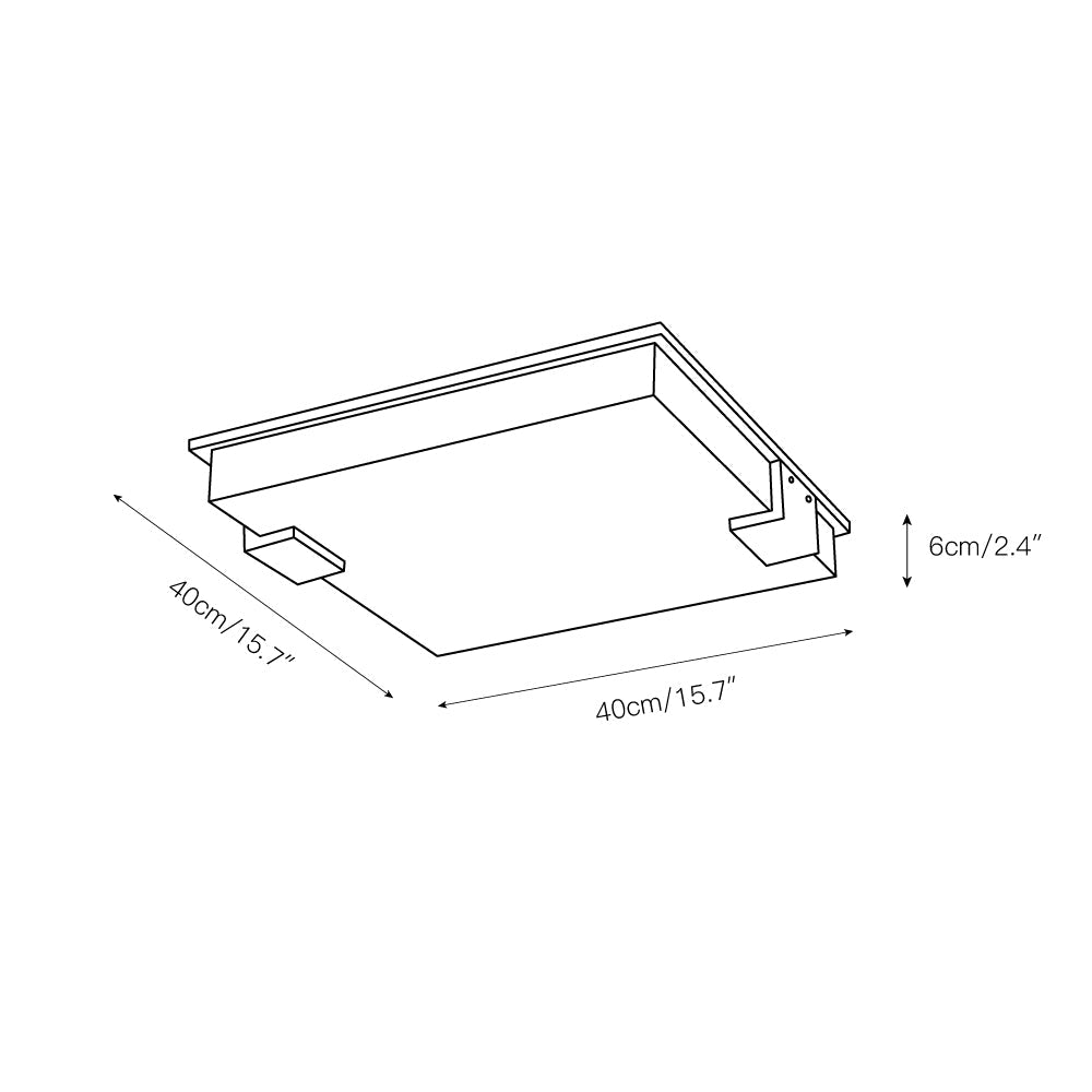 Dimension drawing of the Clérachic flush mount: 40 x 40 cm (15.7 x 15.7 in) square and 6 cm (2.4 in) deep.