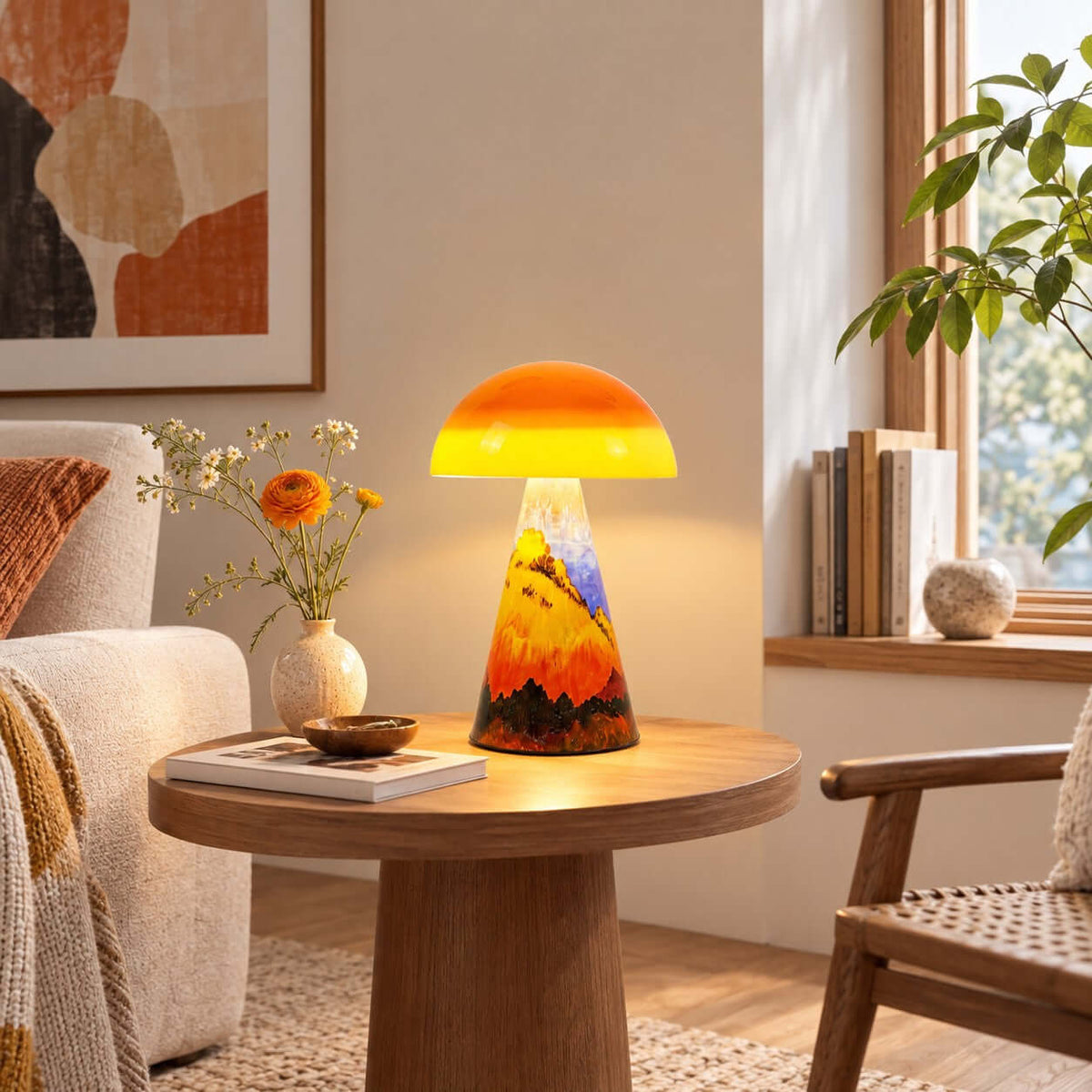 Lit Clérachic mushroom lamp on a round wood side table, beside a bud vase of orange flowers, books and a cream armchair.