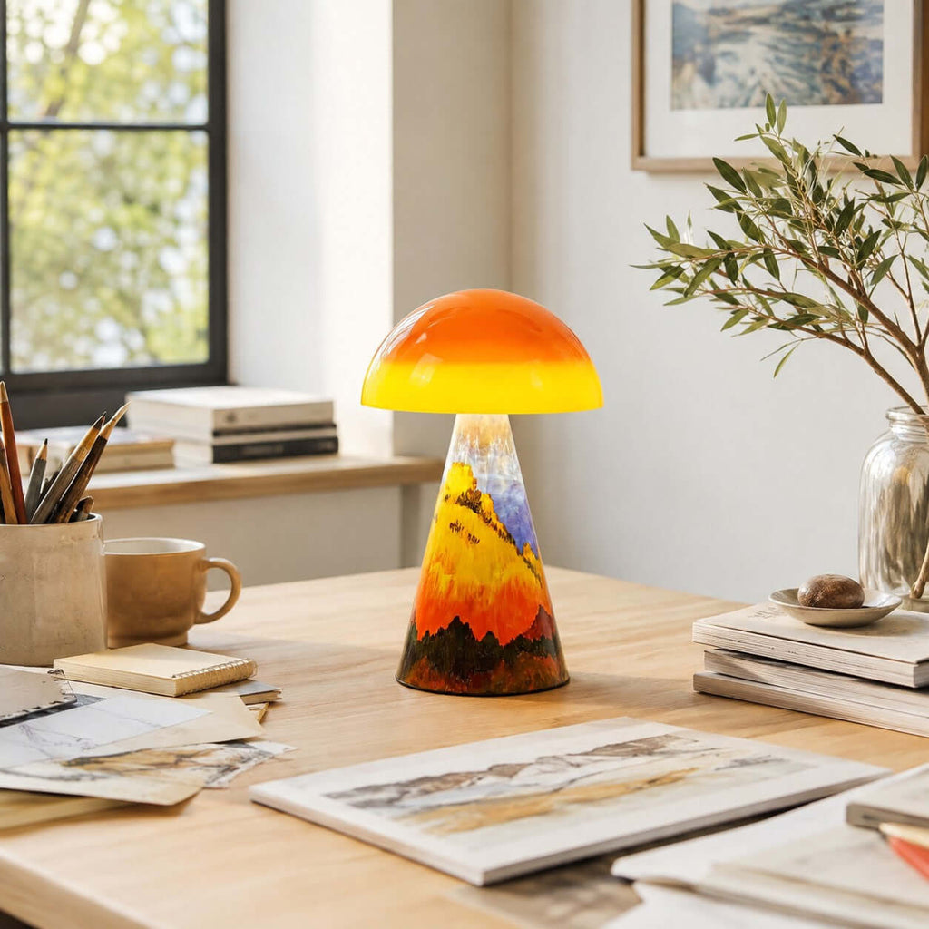 A Clérachic table lamp in the Golden Peaks style on a light desk, with art sketches, a pot of pencils and a ceramic mug.